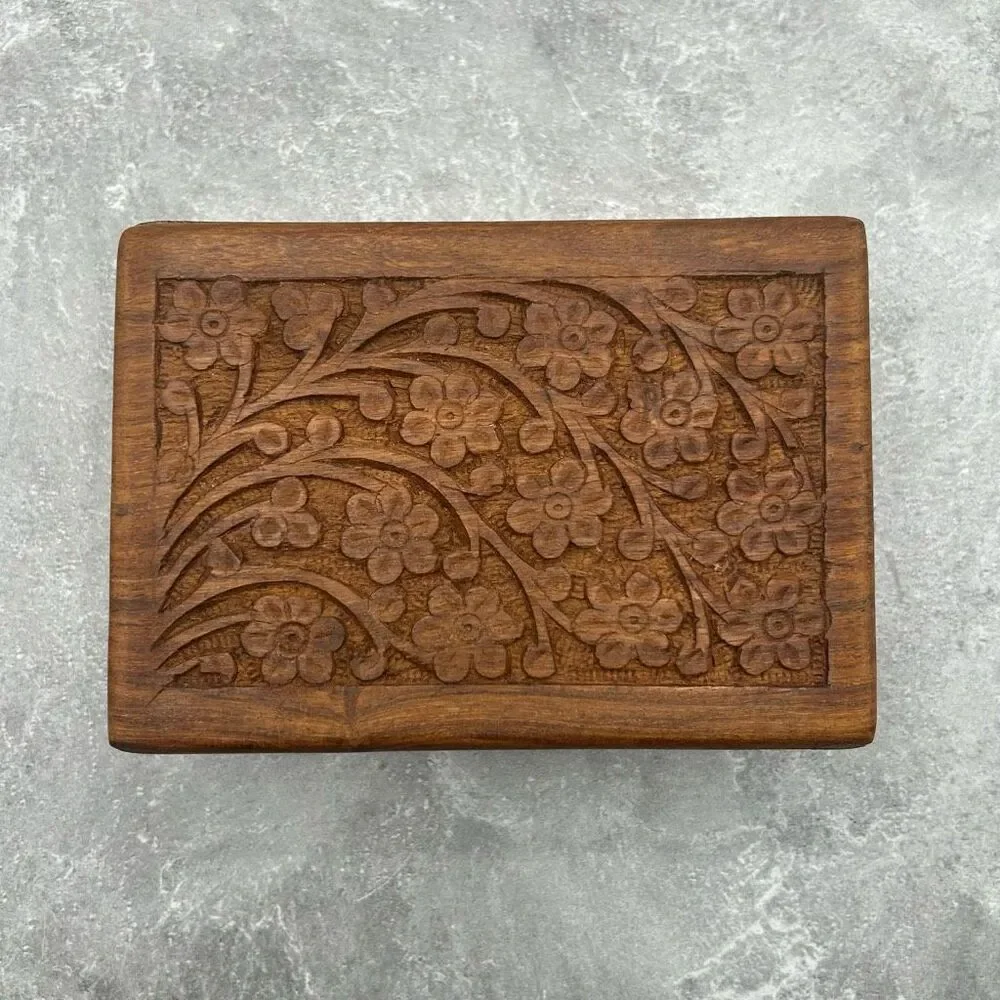 Vintage Hand Carved Wooden Trinket Jewelry Box Engraved Traditional Urns